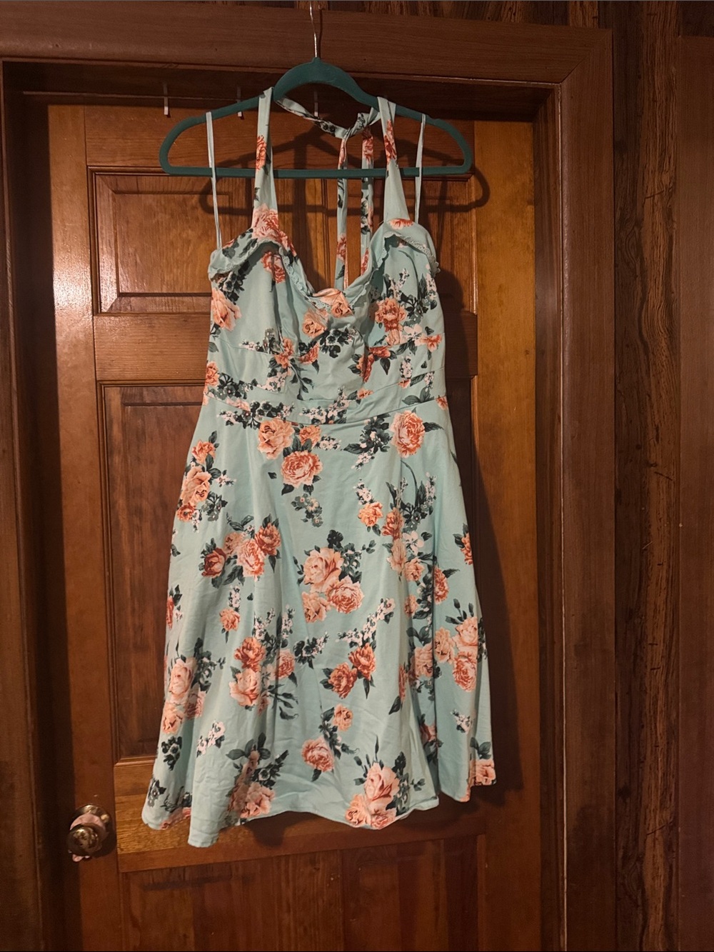 Hot Topic Mint Floral Halter Mini Dress with Coral Roses